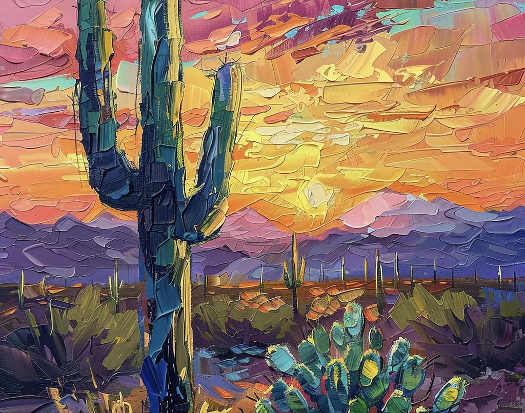 Desert Cactus Sunset Oil Painting Print - Colorful Wall Art Southwest Saguaro Landscape Beautiful Nature Home Decor Gift