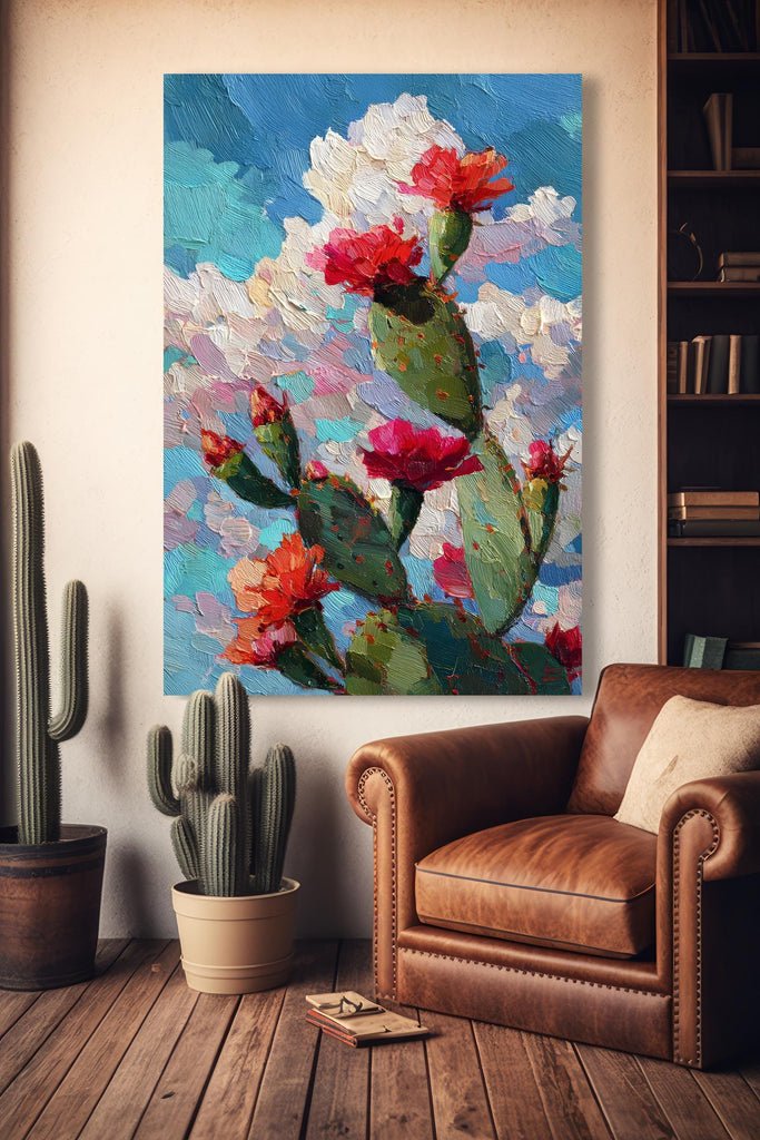 Flower Prickly Pear Cactus Oil Painting Print Botanical Desert Wall Art Nature Inspired Sonoran Art Southwest Western Decor Gift