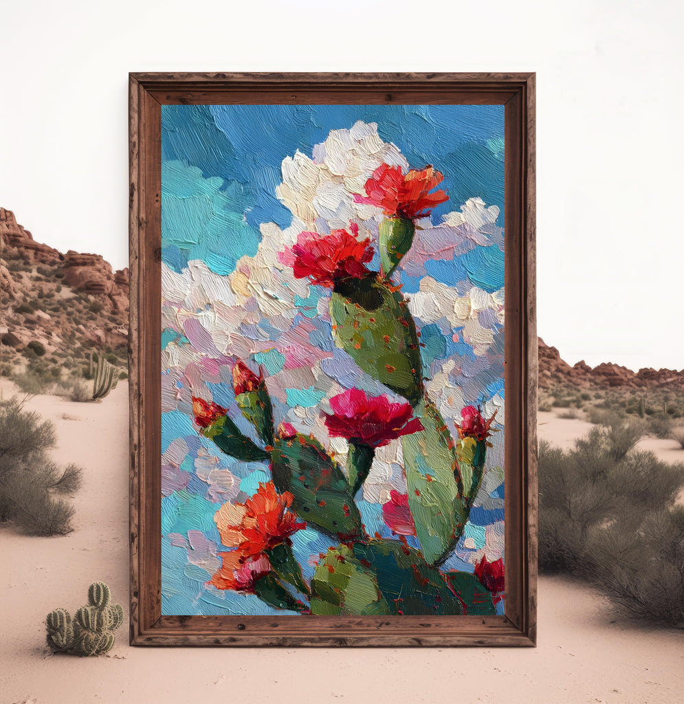 Flower Prickly Pear Cactus Oil Painting Print Botanical Desert Wall Art Nature Inspired Sonoran Art Southwest Western Decor Gift