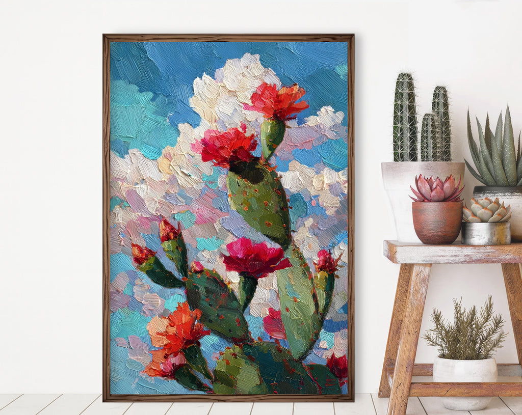 Flower Prickly Pear Cactus Oil Painting Print Botanical Desert Wall Art Nature Inspired Sonoran Art Southwest Western Decor Gift