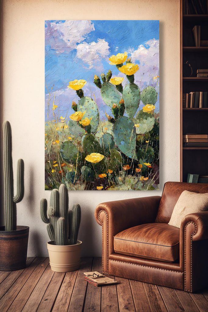 Flower Prickly Pear Cactus Oil Painting Print Botanical Desert Wall Art Nature Inspired Sonoran Art Southwest Western Decor Gift
