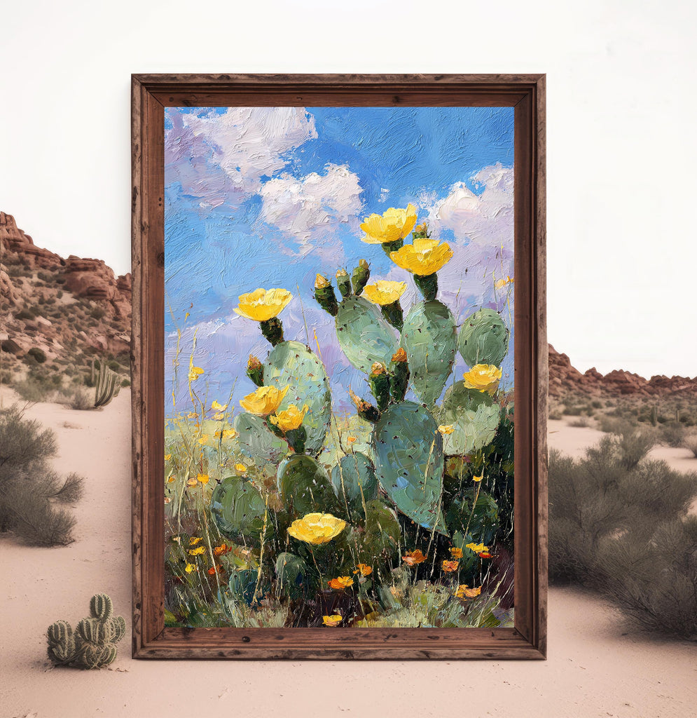 Flower Prickly Pear Cactus Oil Painting Print Botanical Desert Wall Art Nature Inspired Sonoran Art Southwest Western Decor Gift