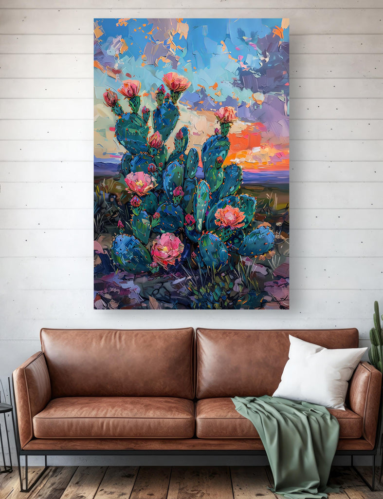 Flower Prickly Pear Cactus Sunset Oil Painting Print Botanical Desert Wall Art Nature Inspired Sonoran Art Southwest Western Decor Gift