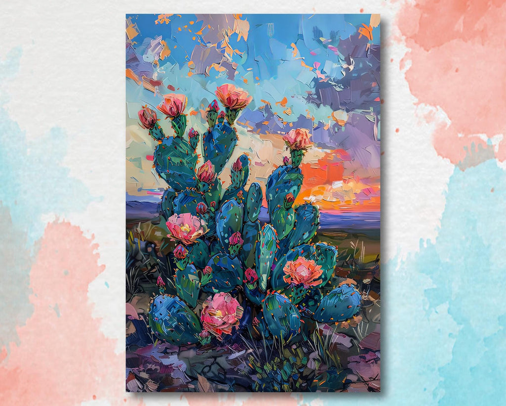Flower Prickly Pear Cactus Sunset Oil Painting Print Botanical Desert Wall Art Nature Inspired Sonoran Art Southwest Western Decor Gift