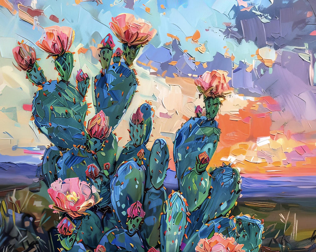 Flower Prickly Pear Cactus Sunset Oil Painting Print Botanical Desert Wall Art Nature Inspired Sonoran Art Southwest Western Decor Gift