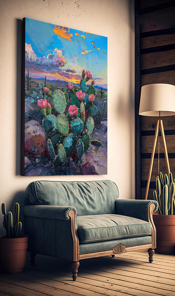 Flower Prickly Pear Cactus Sunset Oil Painting Print Botanical Desert Wall Art Nature Inspired Sonoran Art Southwest Western Decor Gift