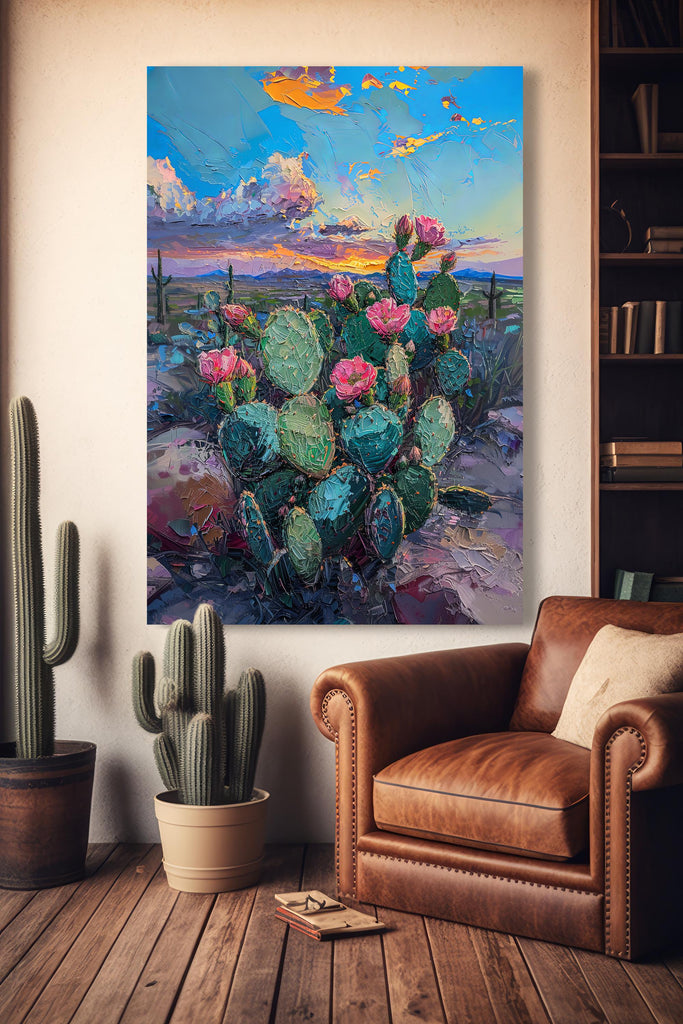 Flower Prickly Pear Cactus Sunset Oil Painting Print Botanical Desert Wall Art Nature Inspired Sonoran Art Southwest Western Decor Gift
