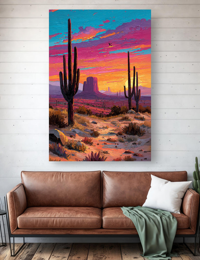 Desert Cactus Sunset Oil Painting Print - Colorful Wall Art Southwest Saguaro Landscape Beautiful Nature Home Decor Gift