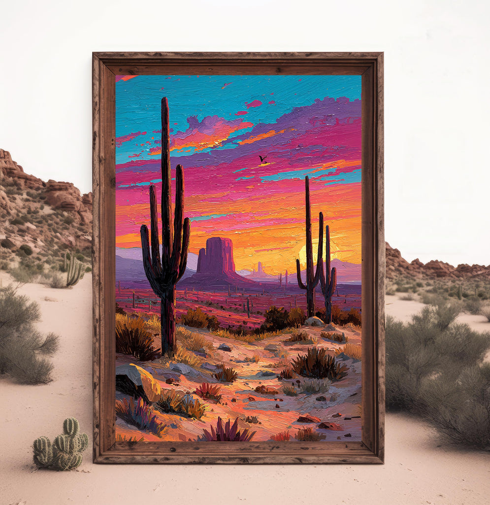 Desert Cactus Sunset Oil Painting Print - Colorful Wall Art Southwest Saguaro Landscape Beautiful Nature Home Decor Gift