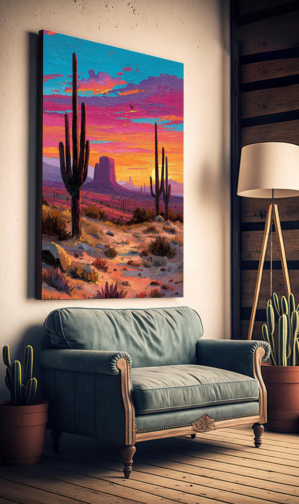 Desert Cactus Sunset Oil Painting Print - Colorful Wall Art Southwest Saguaro Landscape Beautiful Nature Home Decor Gift