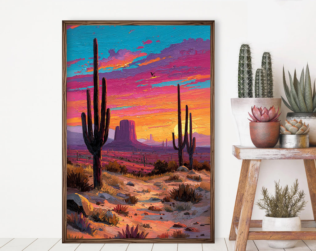 Desert Cactus Sunset Oil Painting Print - Colorful Wall Art Southwest Saguaro Landscape Beautiful Nature Home Decor Gift
