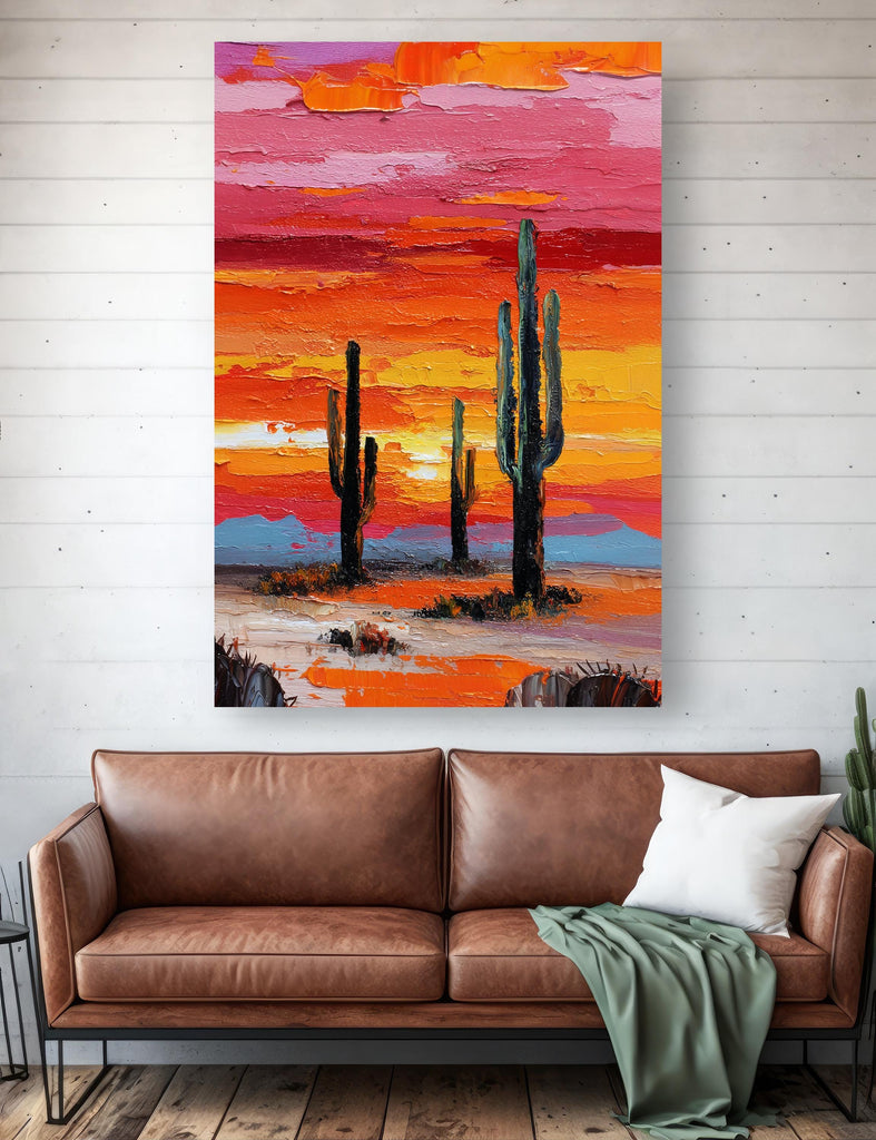 Desert Cactus Sunset Oil Painting Print - Colorful Wall Art Southwest Saguaro Landscape Beautiful Nature Home Decor Gift