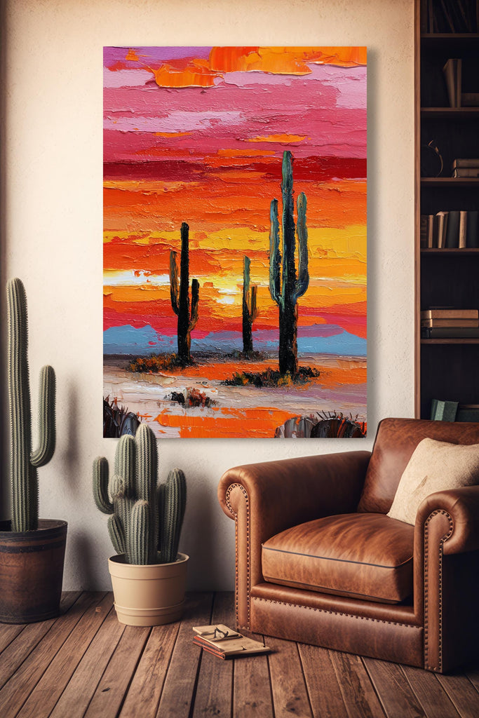 Desert Cactus Sunset Oil Painting Print - Colorful Wall Art Southwest Saguaro Landscape Beautiful Nature Home Decor Gift