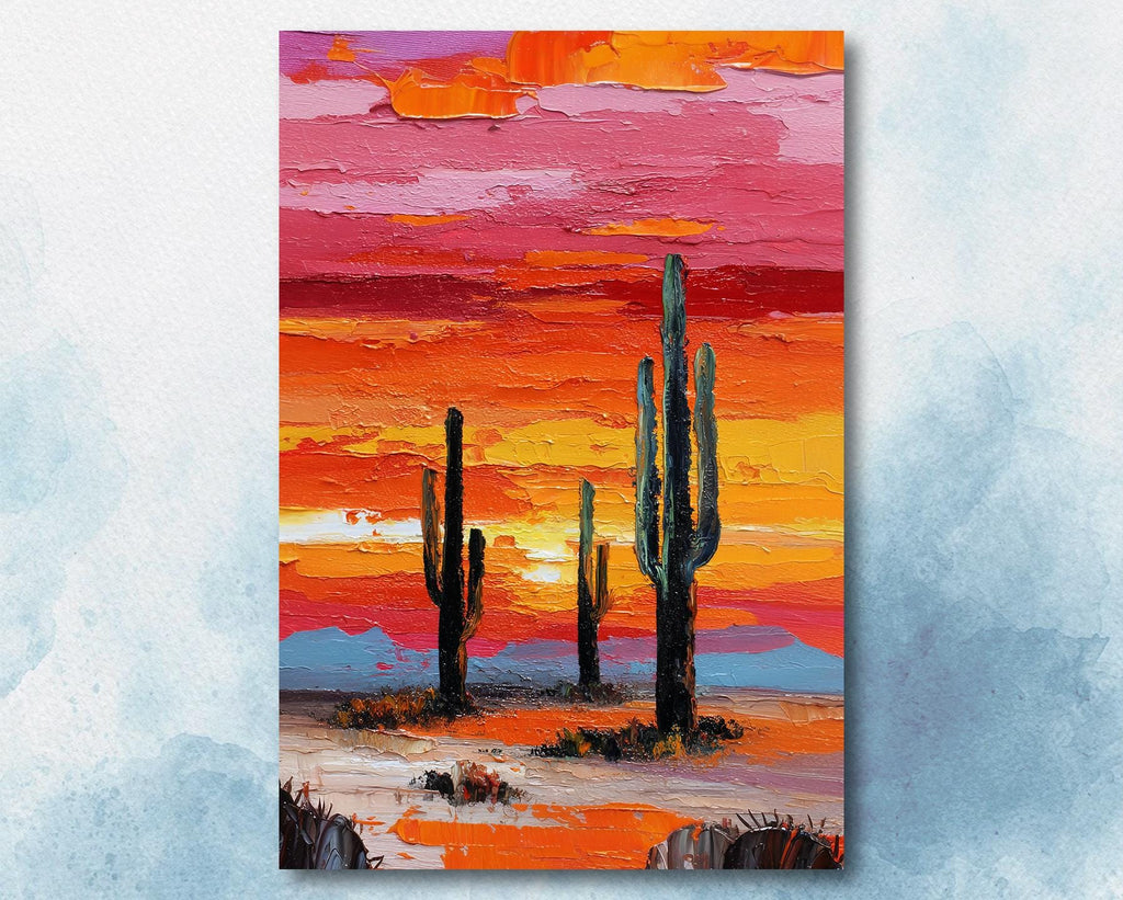 Desert Cactus Sunset Oil Painting Print - Colorful Wall Art Southwest Saguaro Landscape Beautiful Nature Home Decor Gift