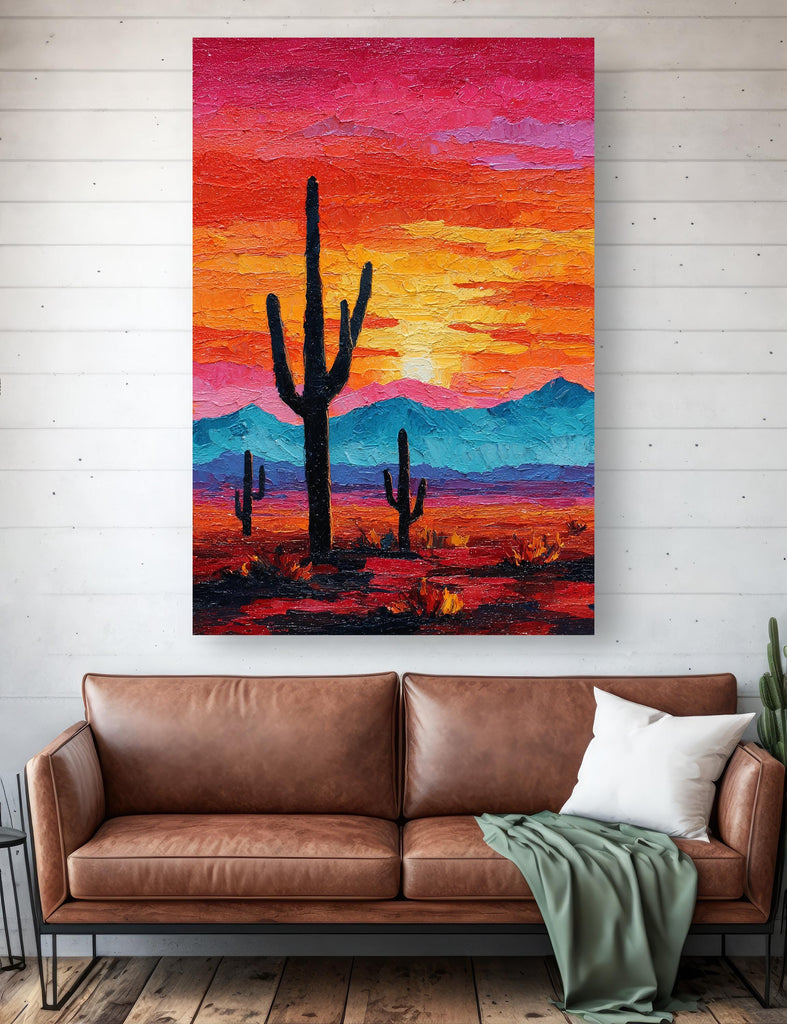 Desert Cactus Sunset Oil Painting Print - Colorful Wall Art Southwest Saguaro Landscape Beautiful Nature Home Decor Gift