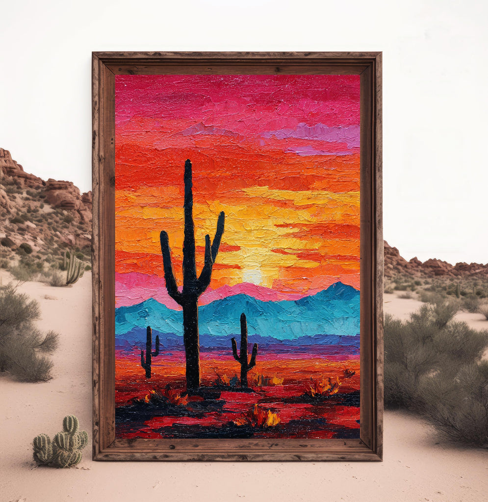 Desert Cactus Sunset Oil Painting Print - Colorful Wall Art Southwest Saguaro Landscape Beautiful Nature Home Decor Gift