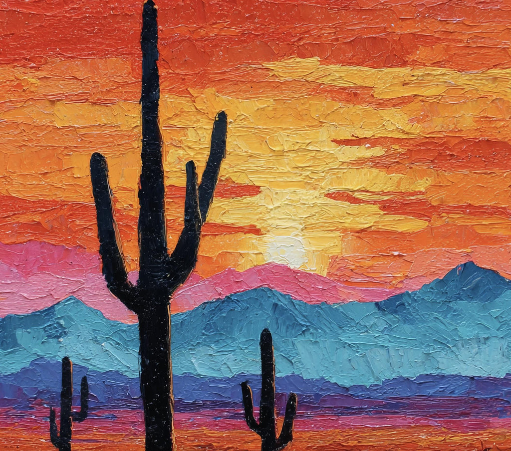 Desert Cactus Sunset Oil Painting Print - Colorful Wall Art Southwest Saguaro Landscape Beautiful Nature Home Decor Gift