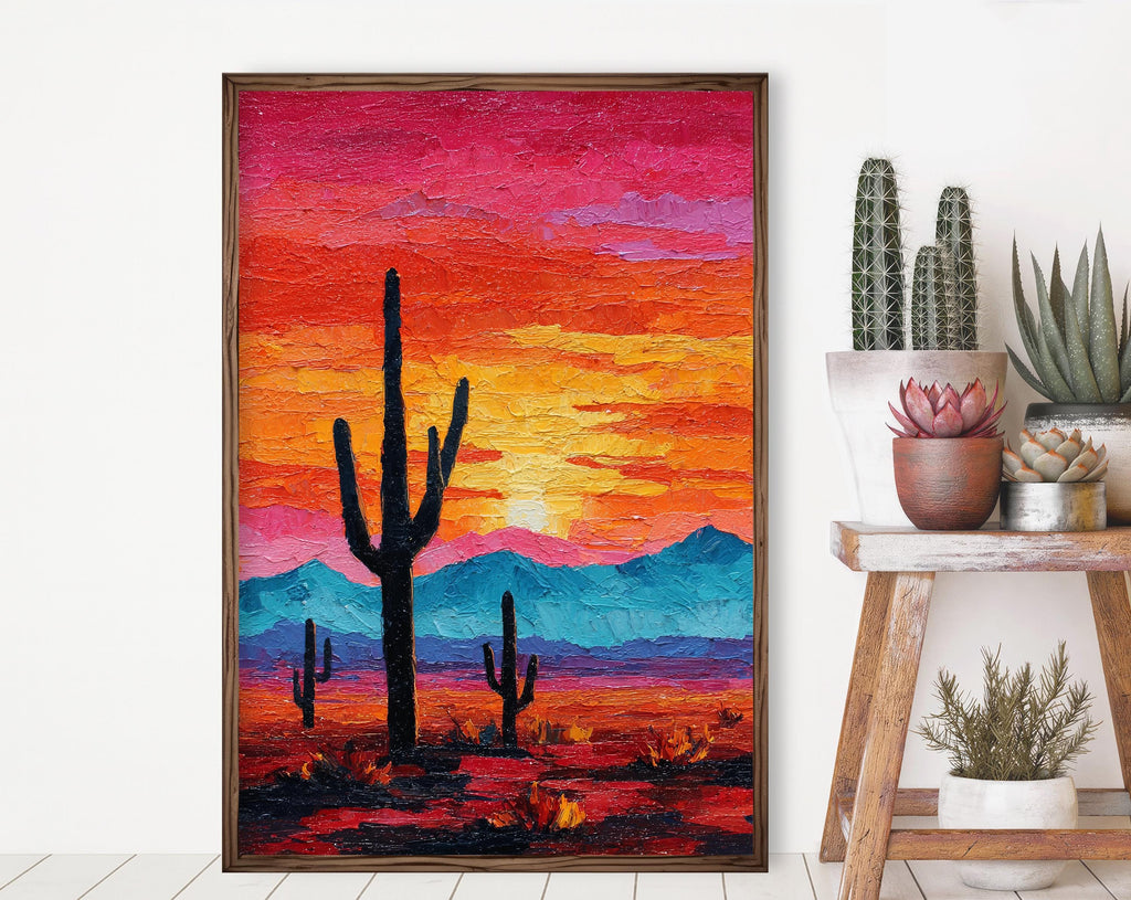 Desert Cactus Sunset Oil Painting Print - Colorful Wall Art Southwest Saguaro Landscape Beautiful Nature Home Decor Gift