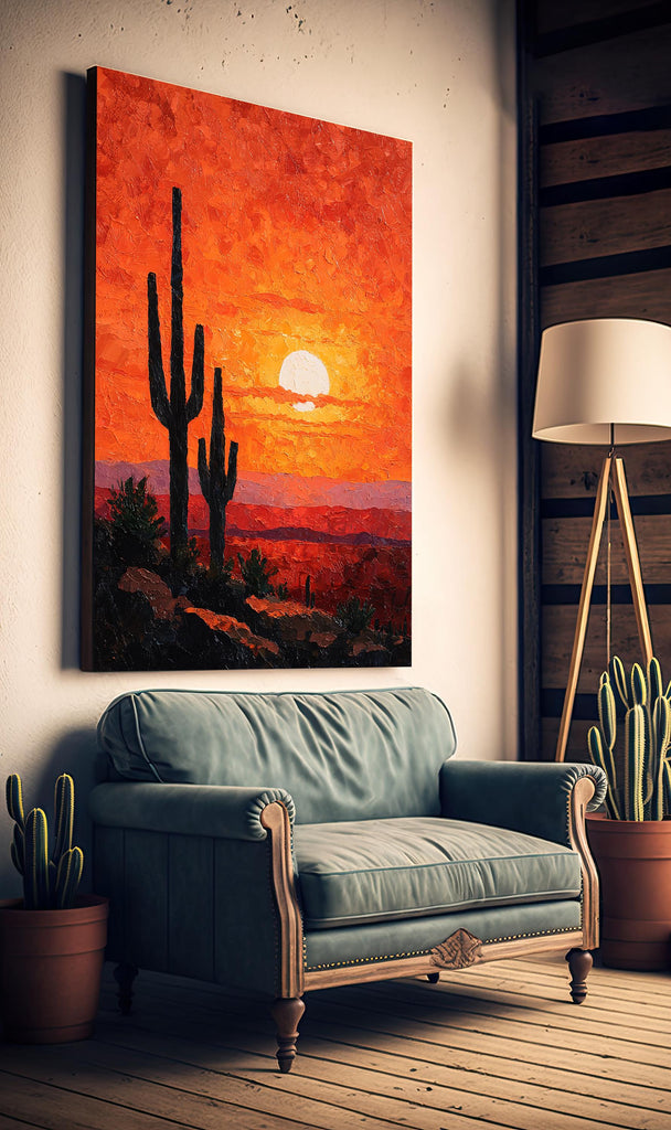 Desert Cactus Sunset Oil Painting Print - Colorful Wall Art Southwest Saguaro Landscape Beautiful Nature Home Decor Gift