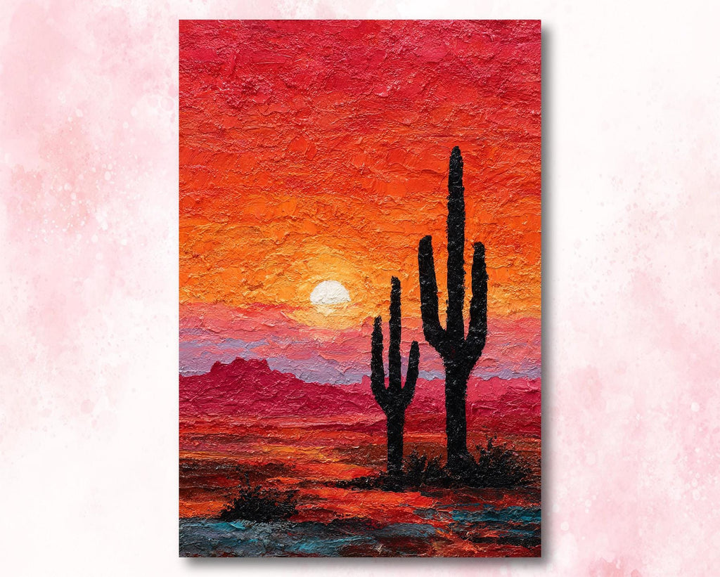 Desert Cactus Sunset Oil Painting Print - Colorful Wall Art Southwest Saguaro Landscape Beautiful Nature Home Decor Gift