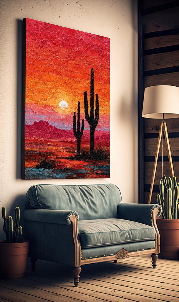 Desert Cactus Sunset Oil Painting Print - Colorful Wall Art Southwest Saguaro Landscape Beautiful Nature Home Decor Gift