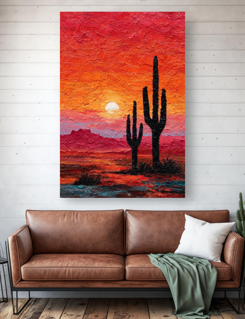 Desert Cactus Sunset Oil Painting Print - Colorful Wall Art Southwest Saguaro Landscape Beautiful Nature Home Decor Gift