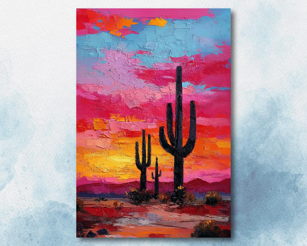 Desert Cactus Sunset Oil Painting Print - Colorful Wall Art Southwest Saguaro Landscape Beautiful Nature Home Decor Gift