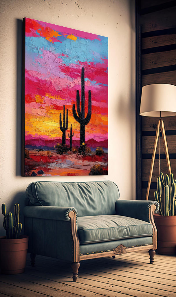 Desert Cactus Sunset Oil Painting Print - Colorful Wall Art Southwest Saguaro Landscape Beautiful Nature Home Decor Gift