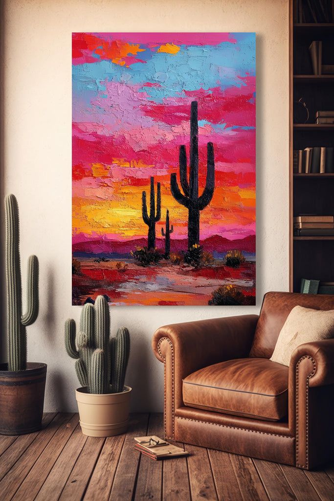Desert Cactus Sunset Oil Painting Print - Colorful Wall Art Southwest Saguaro Landscape Beautiful Nature Home Decor Gift