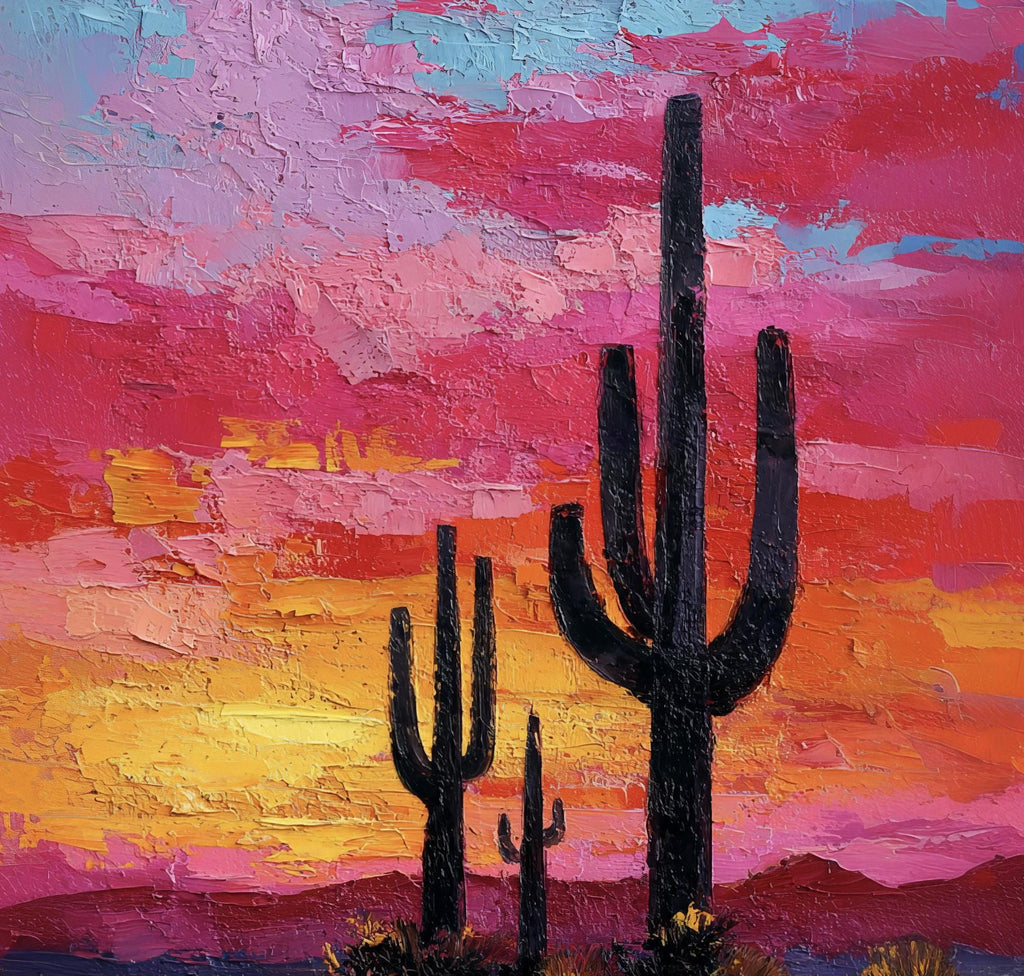 Desert Cactus Sunset Oil Painting Print - Colorful Wall Art Southwest Saguaro Landscape Beautiful Nature Home Decor Gift