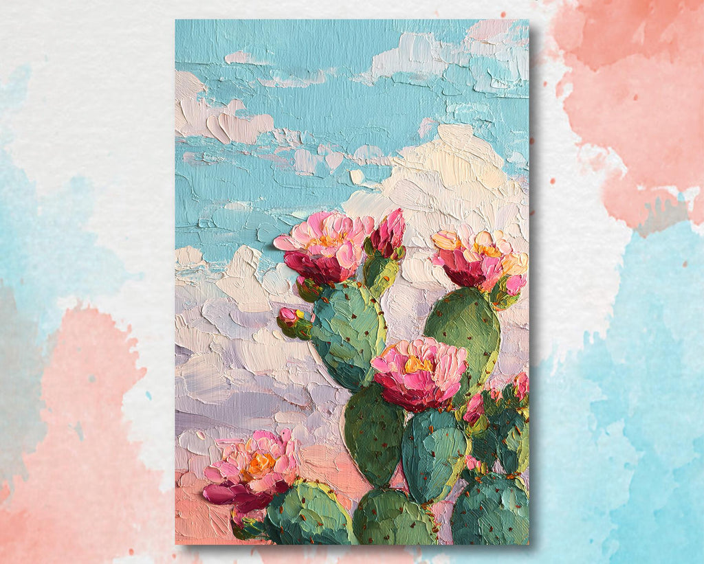 Flower Prickly Pear Cactus Oil Painting Print Botanical Desert Wall Art Nature Inspired Sonoran Art Southwest Western Decor Gift