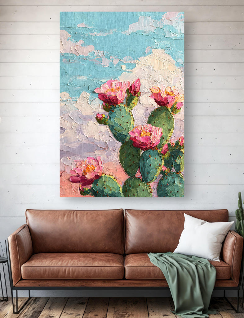 Flower Prickly Pear Cactus Oil Painting Print Botanical Desert Wall Art Nature Inspired Sonoran Art Southwest Western Decor Gift