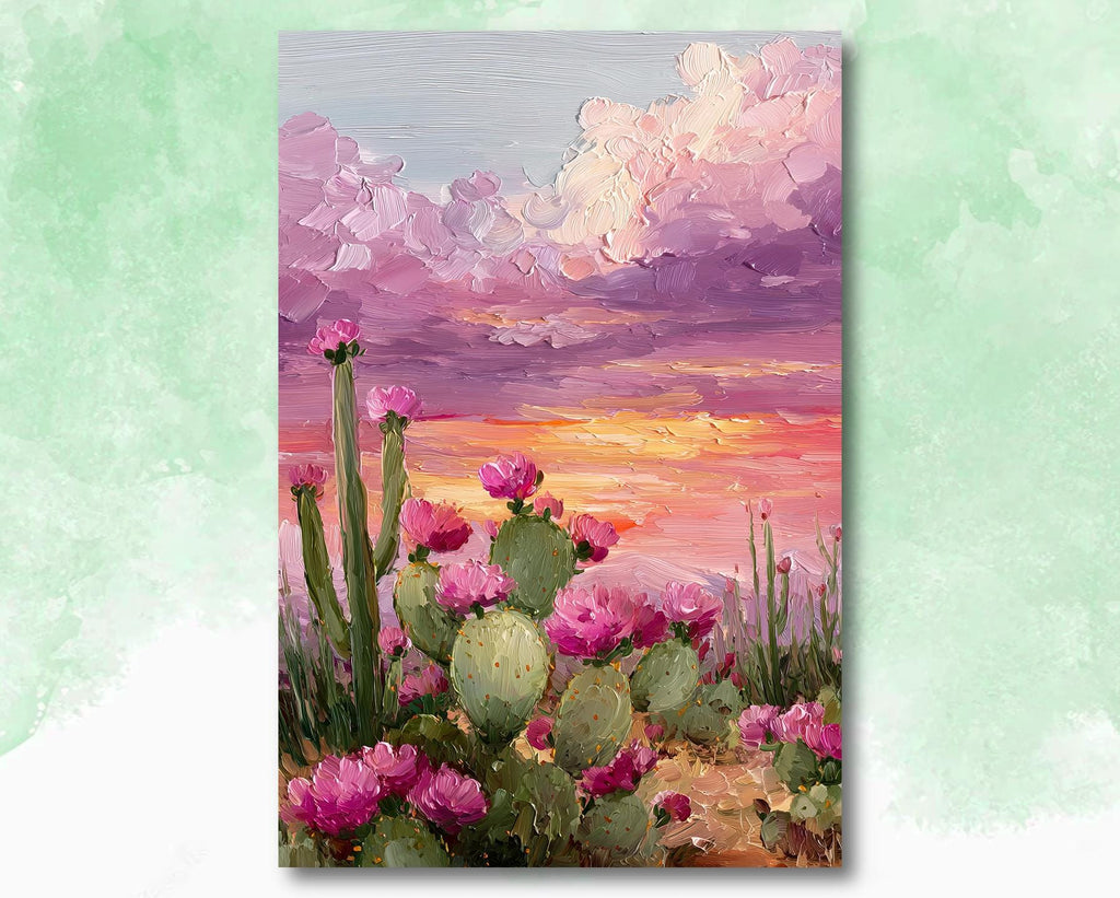 Flower Prickly Pear Cactus Sunset Oil Painting Print Botanical Desert Wall Art Nature Inspired Sonoran Art Southwest Western Decor Gift