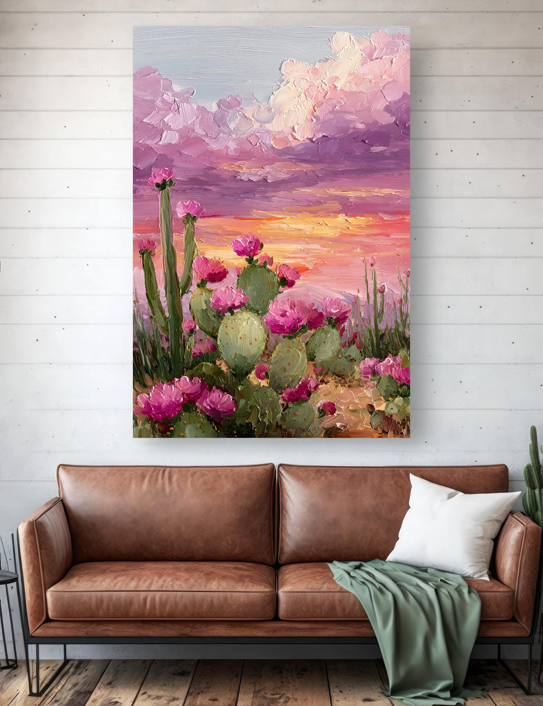 Flower Prickly Pear Cactus Sunset Oil Painting Print Botanical Desert Wall Art Nature Inspired Sonoran Art Southwest Western Decor Gift