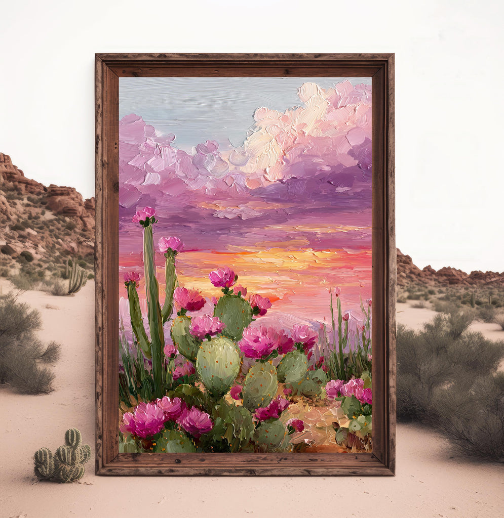 Flower Prickly Pear Cactus Sunset Oil Painting Print Botanical Desert Wall Art Nature Inspired Sonoran Art Southwest Western Decor Gift