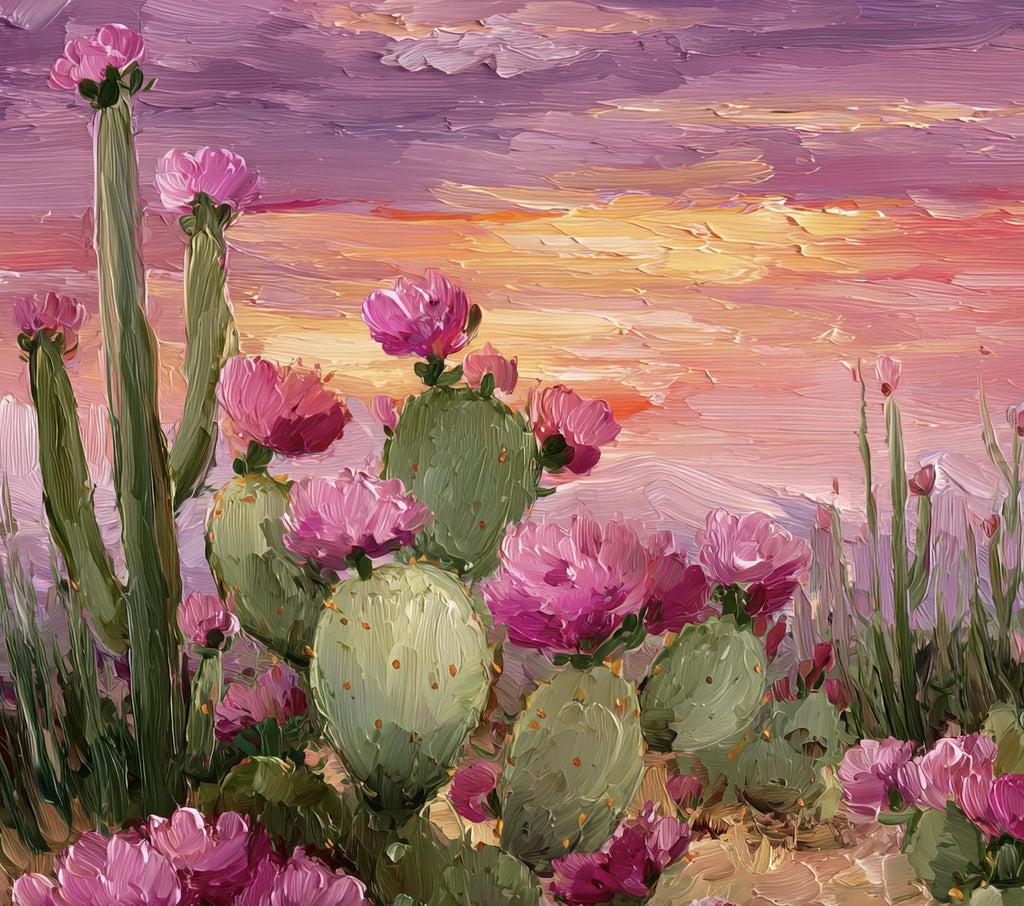 Flower Prickly Pear Cactus Sunset Oil Painting Print Botanical Desert Wall Art Nature Inspired Sonoran Art Southwest Western Decor Gift