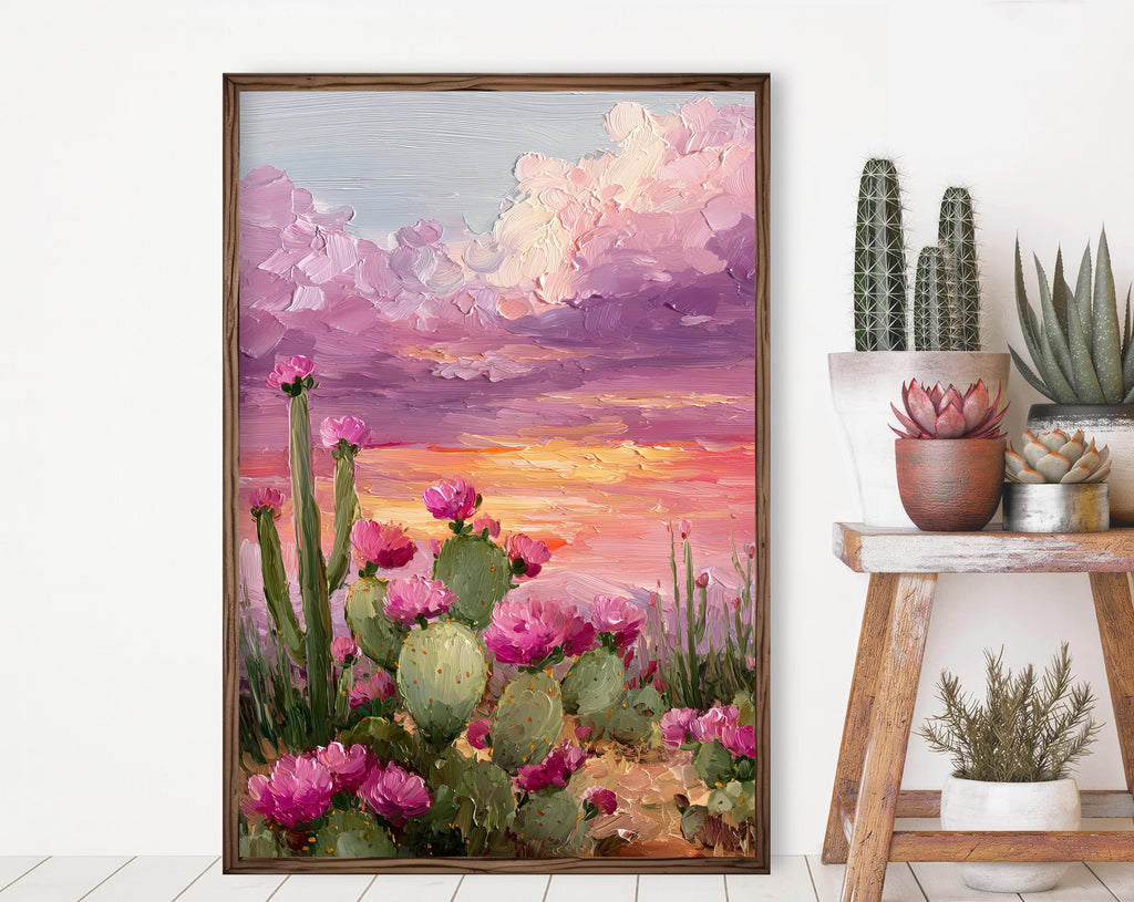 Flower Prickly Pear Cactus Sunset Oil Painting Print Botanical Desert Wall Art Nature Inspired Sonoran Art Southwest Western Decor Gift