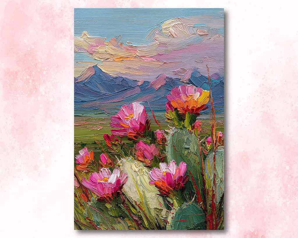 Flower Prickly Pear Cactus Sunset Oil Painting Print Botanical Desert Wall Art Nature Inspired Sonoran Art Southwest Western Decor Gift