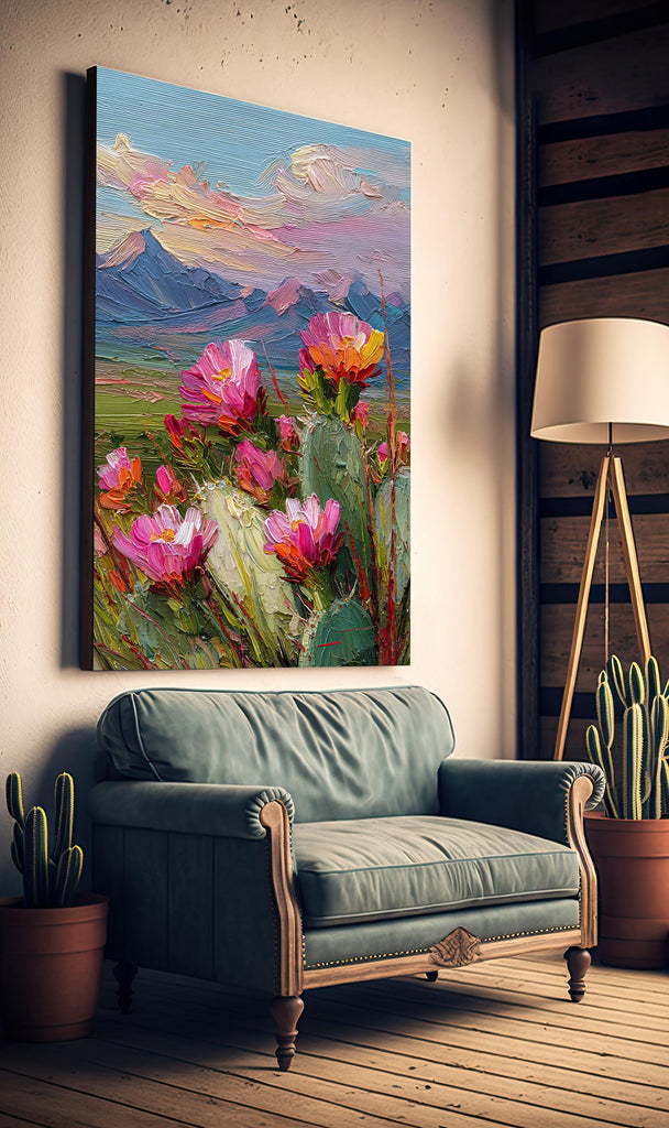 Flower Prickly Pear Cactus Sunset Oil Painting Print Botanical Desert Wall Art Nature Inspired Sonoran Art Southwest Western Decor Gift