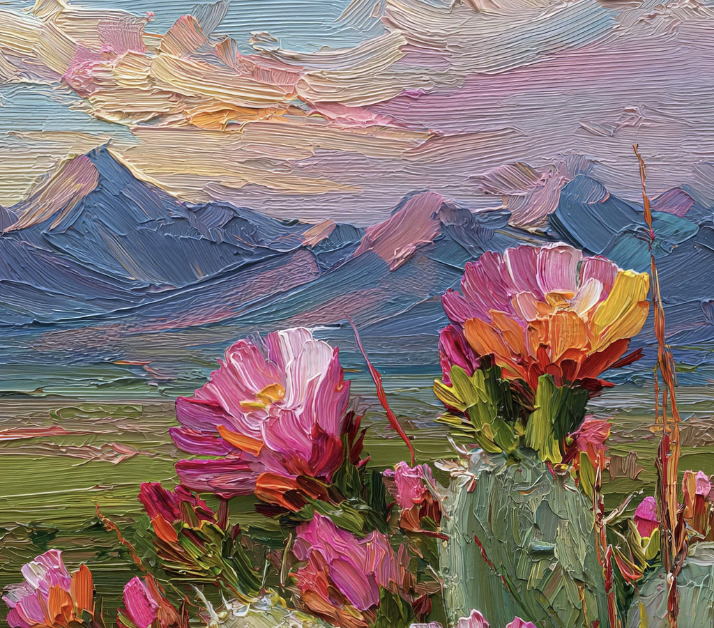 Flower Prickly Pear Cactus Sunset Oil Painting Print Botanical Desert Wall Art Nature Inspired Sonoran Art Southwest Western Decor Gift