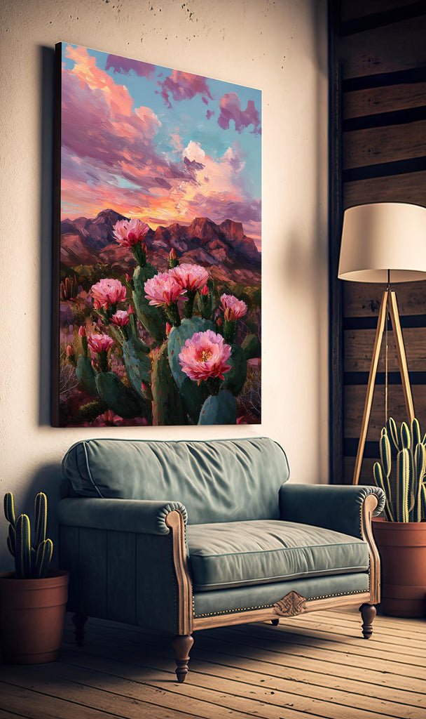 Flower Prickly Pear Cactus Sunset Oil Painting Print Botanical Desert Wall Art Nature Inspired Sonoran Art Southwest Western Decor Gift