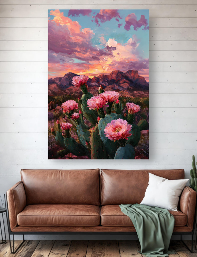 Flower Prickly Pear Cactus Sunset Oil Painting Print Botanical Desert Wall Art Nature Inspired Sonoran Art Southwest Western Decor Gift