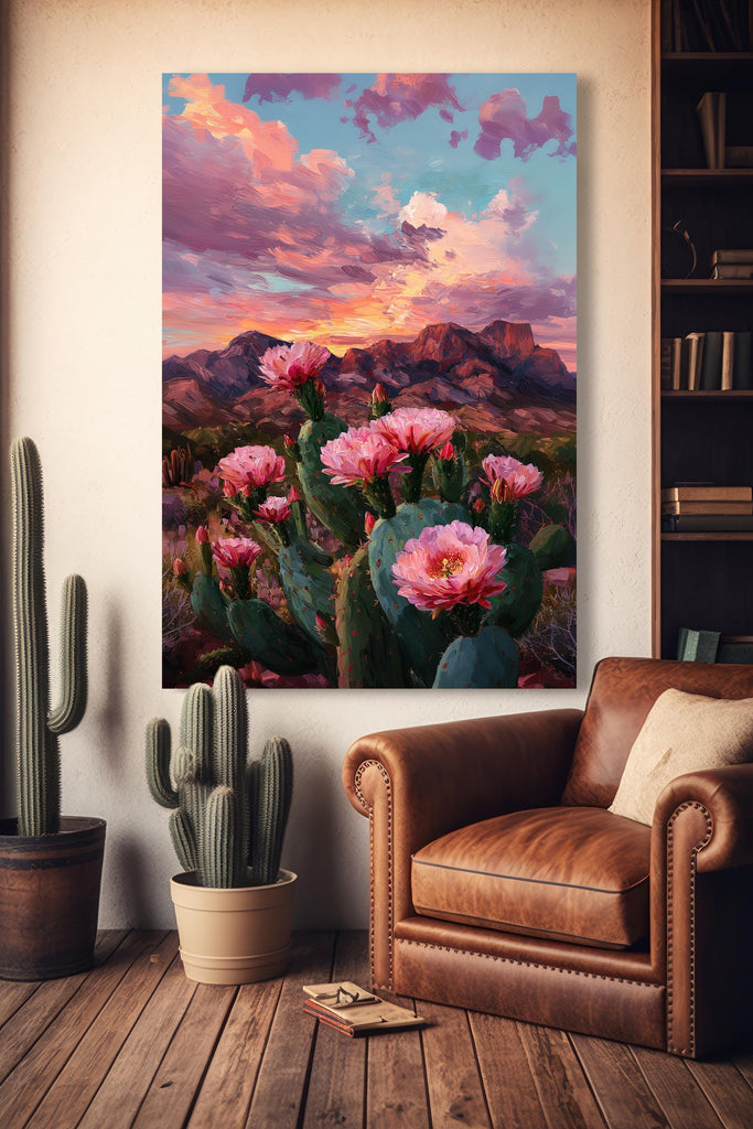 Flower Prickly Pear Cactus Sunset Oil Painting Print Botanical Desert Wall Art Nature Inspired Sonoran Art Southwest Western Decor Gift