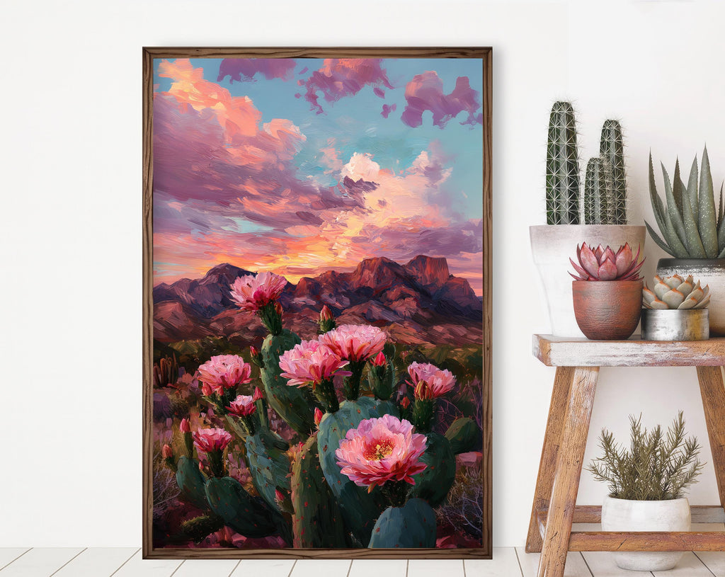 Flower Prickly Pear Cactus Sunset Oil Painting Print Botanical Desert Wall Art Nature Inspired Sonoran Art Southwest Western Decor Gift