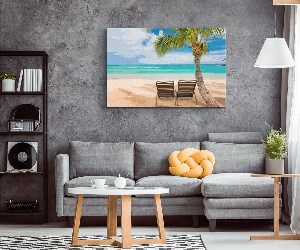 Tropical Palm Tree Beach Pop Art Illustration - World Travel Home Decor in Poster Print or Canvas Art