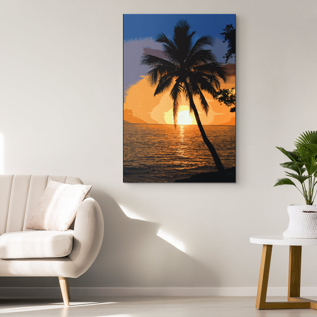 Tropical Palm Tree Sunset Pop Art Illustration - World Travel Home Decor in Poster Print or Canvas Art