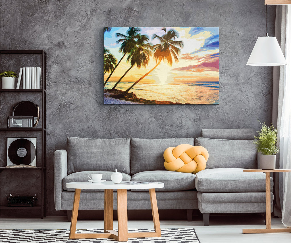 Tropical Palm Tree Sunset Pop Art Illustration - World Travel Home Decor in Poster Print or Canvas Art