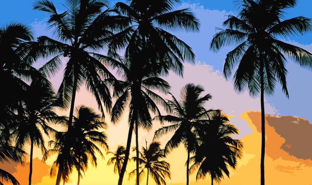 Tropical Palm Tree Sunset Pop Art Illustration - World Travel Home Decor in Poster Print or Canvas Art