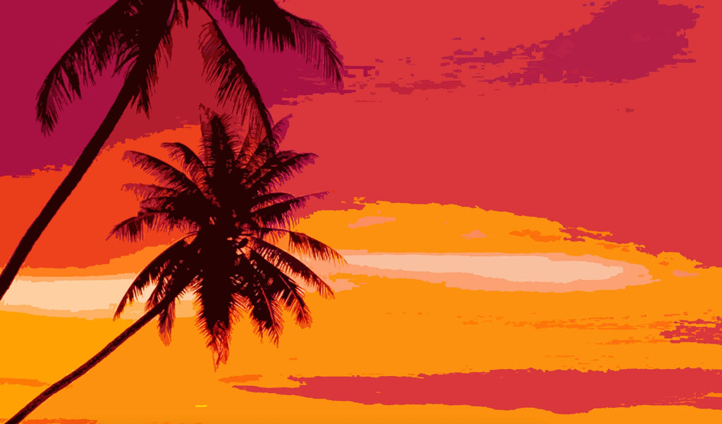 Tropical Palm Tree Sunset Pop Art Illustration - World Travel Home Decor in Poster Print or Canvas Art