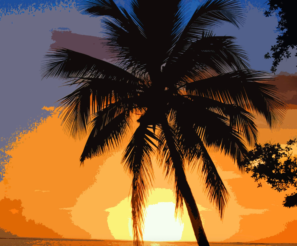 Tropical Palm Tree Sunset Pop Art Illustration - World Travel Home Decor in Poster Print or Canvas Art